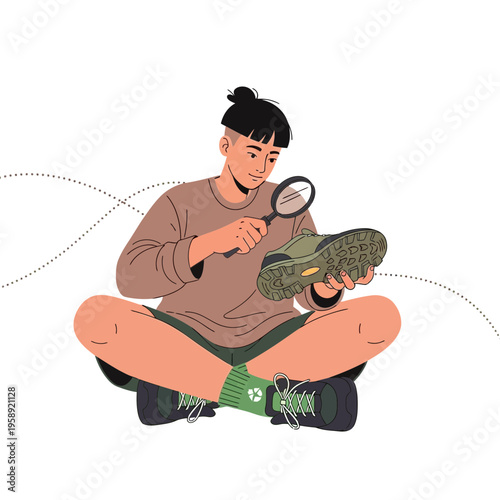 Creative Person Examining Outdoor Shoe Detail with Magnifying Glass