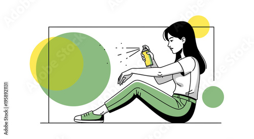 Creative Person Spritzing Aerosol Spray Can With Artistic Abstract Shapes In Background