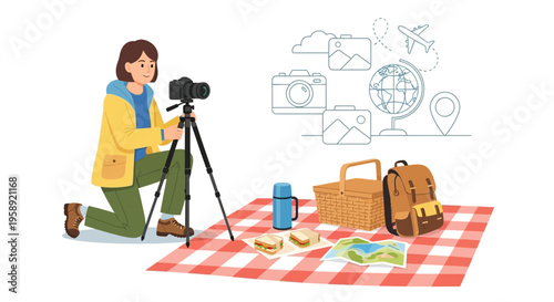 Creative Photographer Captures Travel Memories With Vintage Camera and Picnic Setup