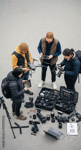 Creative Professionals Planning Drone And Camera Shoot With Advanced Equipment
