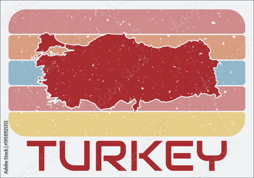 Turkey vintage logo. Shape of the country on retro colored stripes background. Turkey map design with grunge scratch texture. Vector illustration.