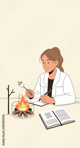 Creative Scientist Roasting Marshmallow And Taking Notes By Campfire