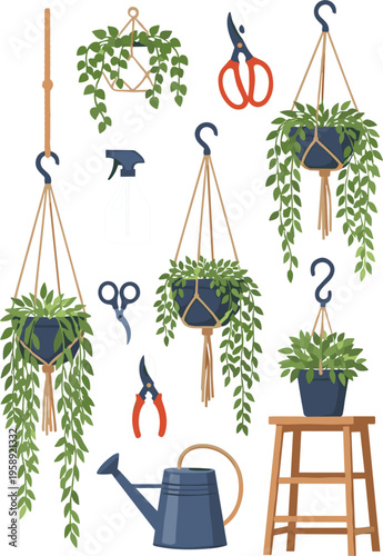 Hanging Houseplants Illustration Set Featuring Indoor Plants, Macrame Planters, Watering Can, Scissors and Home Gardening Decor