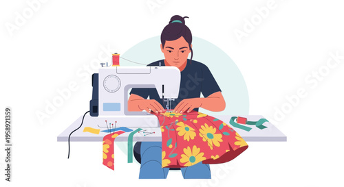 Creative Tailor Crafting Fashionable Garments With Sewing Machine and Fabric