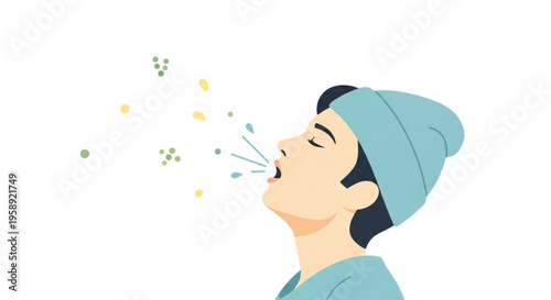 Allergy Reaction Concept, Woman Sneezing with Pollen Particles, Seasonal Allergy Health Illustration Vector