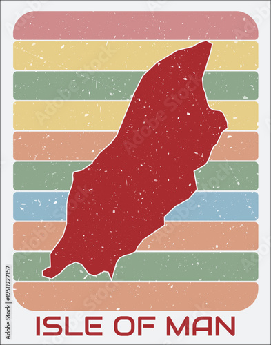 Isle of Man vintage logo. Shape of the country on retro colored stripes background. Isle of Man map design with grunge scratch texture. Vector illustration.