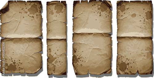 Vintage torn old paper scroll with stained burnt edges and antique weathered texture for creative ancient manuscript designs hand drawn vector illustration art