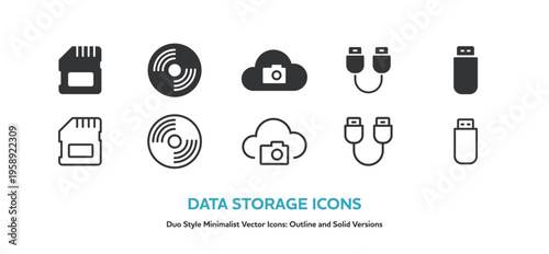 SDカードやUSBメモリなど、データ保存と記憶媒体のアイコンセット。線画と塗りのベクターイラスト