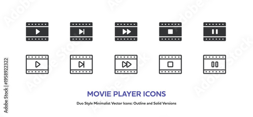 シンプルなフィルム型の動画再生ボタンアイコンセット。線画と塗りのベクターイラスト素材
