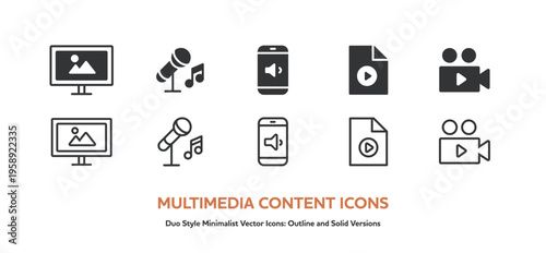 動画、音声、画像などマルチメディアコンテンツのアイコンセット。線画と塗りのベクターイラスト