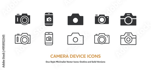 デジタルカメラやスマホなど、様々なカメラのアイコンセット。線画と塗りのベクターイラスト