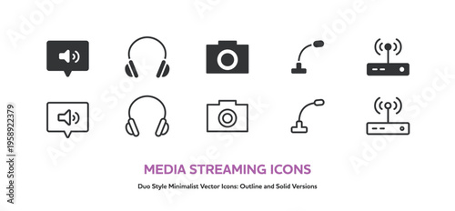 音声や動画の配信、ネットワーク通信機器などのアイコンセット。線画と塗りのベクターイラスト