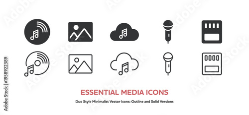 音楽、写真、クラウドなどマルチメディアのアイコンセット。線画と塗りのベクターイラスト