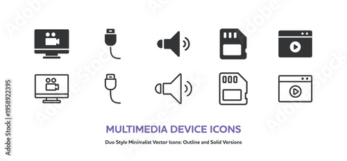 動画や音楽などのマルチメディアとパソコン周辺機器のアイコンセット。線画と塗りのベクターイラスト