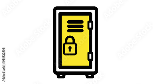 A minimalist yellow and black vector icon of a secure vault door with a prominent locked padlock