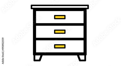 A minimalist flat vector icon illustration of a wooden bedside table with three golden handles