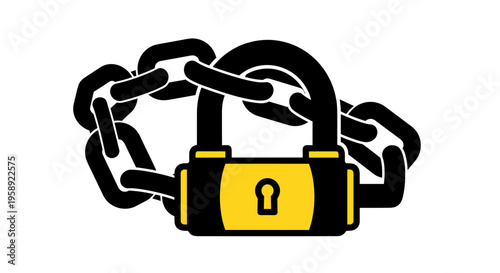 A flat vector illustration of a yellow padlock secured tightly with a thick black metal chain link