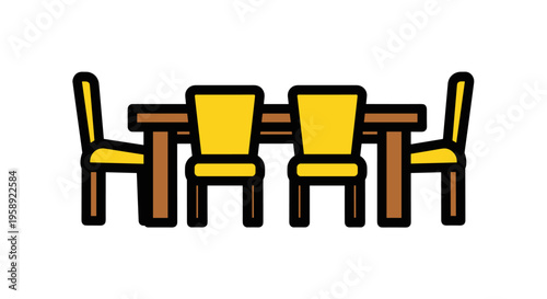 A simple flat graphic illustration of a wooden dining table paired with four yellow chairs set