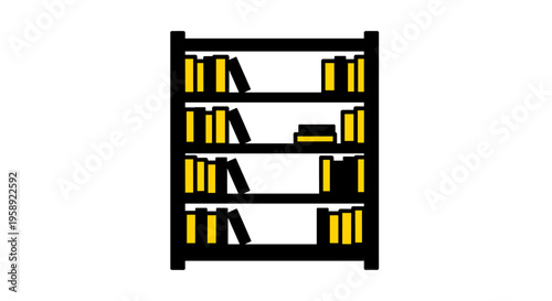 A minimalist flat vector illustration of a black bookshelf filled with yellow standing books