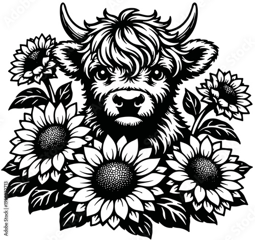 Highland cows with flowers SVG