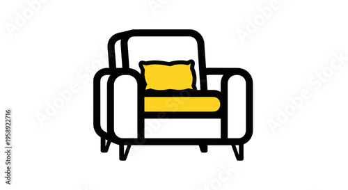 A minimalist linear icon representing a comfortable armchair with a soft yellow seat and cushion