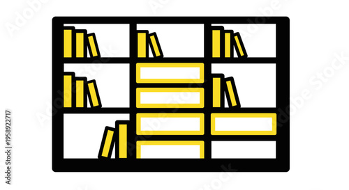 A minimalist flat vector illustration of a bookshelf filled with various organized yellow books
