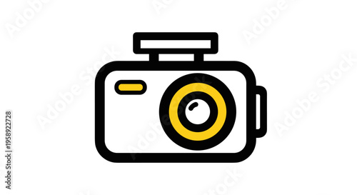 A simplified flat vector icon of a digital camera featuring a bold yellow lens and black outlines