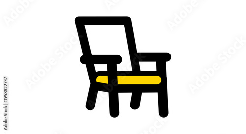 A minimalist graphic illustration of a comfortable armchair with a bold black outline and yellow seat