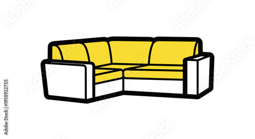 A simple flat illustration of a corner sectional sofa with yellow cushions and white base frame