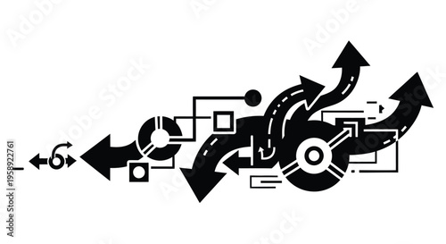 Abstract black and white design featuring arrows circles and geometric shapes
