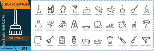 Cleaning supplies icon set showing household sanitation and maintenance equipment
