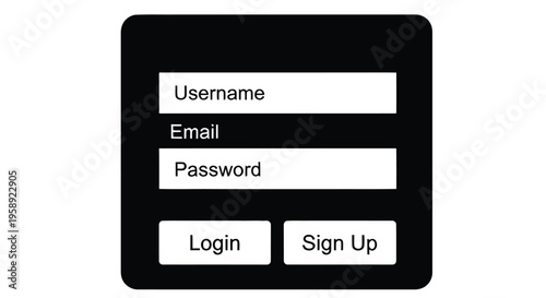Black login form with username email password fields and login signup buttons