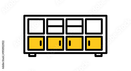 A minimalist flat vector icon illustration of a wooden storage cabinet with yellow door panels
