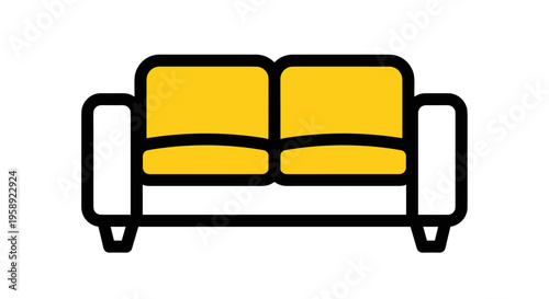 A minimalist yellow two-seater sofa icon with a thick black outline for modern interior design