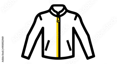 A minimalist vector illustration of a stylish bomber jacket featuring a bold yellow zipper accent