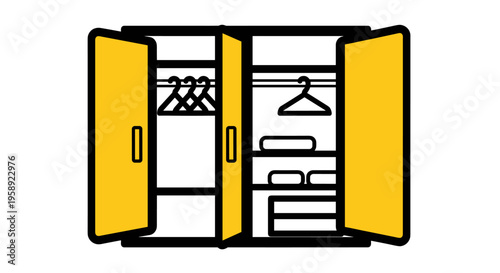 A minimalist flat vector illustration of an open wooden wardrobe showing clothes and shelving units
