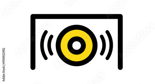 A minimalist icon showing a yellow circle radiating sound waves inside a black rectangular frame