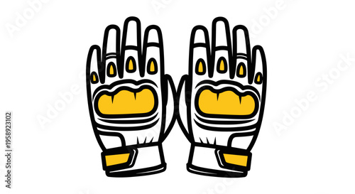 A pair of white and yellow motorcycle protective gloves displayed on a plain white background area