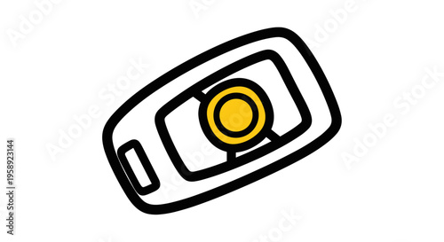 A simple flat line art icon of a modern car key fob with a yellow button isolated on white background