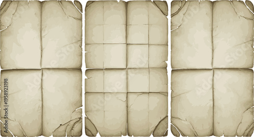 Old tattered parchment paper textures with creased fold marks and weathered edges for antique background hand drawn vector illustration art
