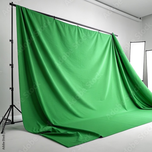 Professional green screen backdrop setup for photography and video production in a studio environment, providing a seamless visual effect.