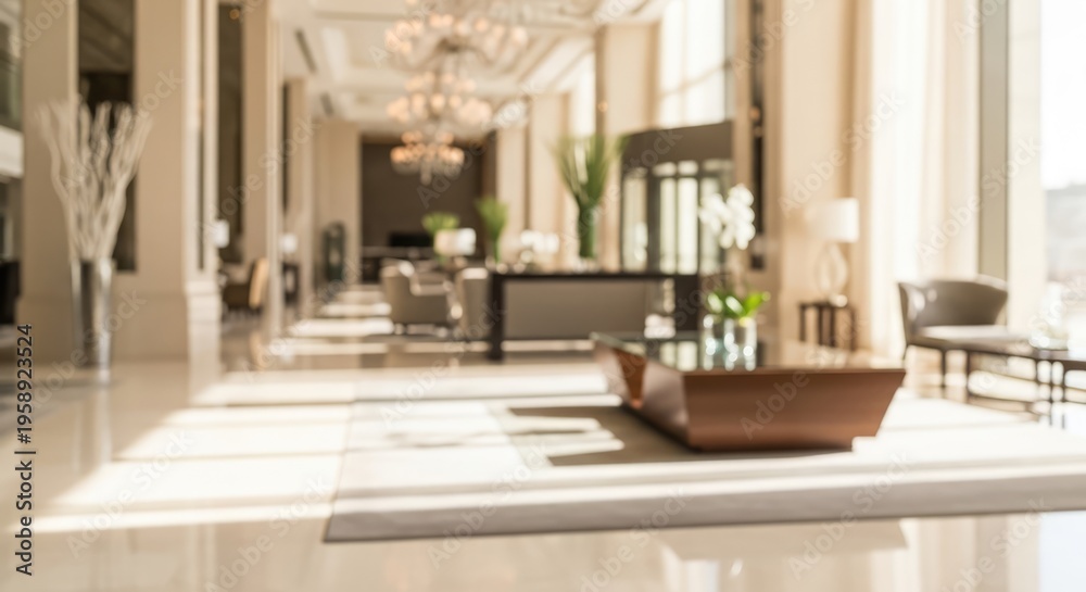 Fototapeta premium Luxurious hotel lobby with elegant decor and natural light, blurred background.