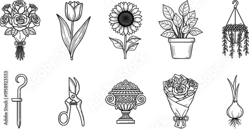Floral elements and gardening tools line art set including bouquet sunflower tulip potted plants pruning shears and hanging basket isolated on white background vector