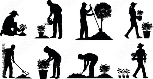Gardening people silhouette set showing planting, watering, digging and carrying plants, outdoor horticulture activities collection, nature care lifestyle illustration isolated on white background