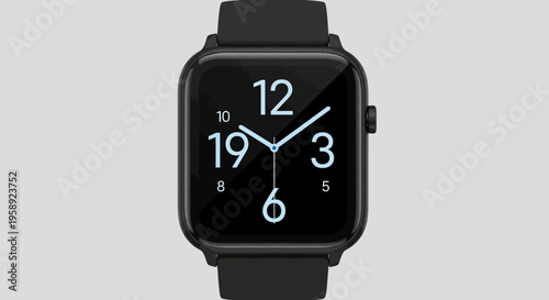 Close-up of a modern smartwatch displaying time on a black screen, minimalist design