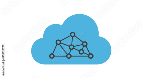 Cloud computing network graphic with blue cloud and interconnected nodes on white background