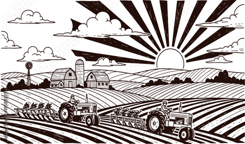 Vintage rural farm landscape with tractors plowing fields under a rising sun in a hand drawn vector illustration art