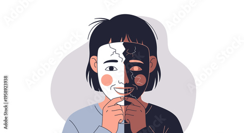 Illustration of a person holding two contrasting facial masks, one white and one black, against a plain background.