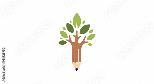 Creative concept combining a pencil and tree with fresh leaves, nature and writing elements