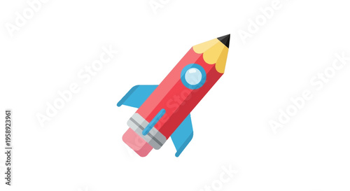 Creative concept of a pencil transforming into a rocket ship for innovation and ideas